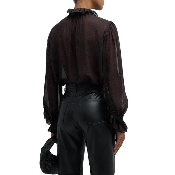 NEW FRAME ruffle front button up shirt in espresso multi - Picture 3 of 5